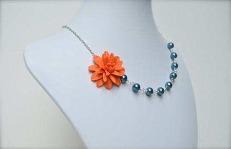 Leah Asymmetrical Necklace in Orange Dahlia with Teal Blue Pearls. FREE EARRINGS