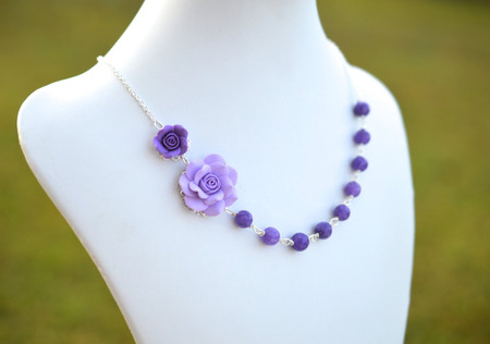 Jayden Double Flowers Asymmetrical Necklace in Purple Rose and Purple Stones. FREE EARRINGS
