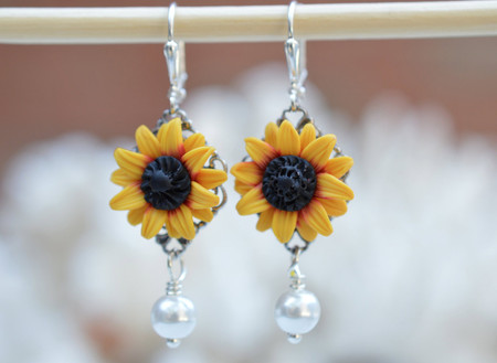 Richelle Statement Earrings  Deep Red and Yellow Sunflower 