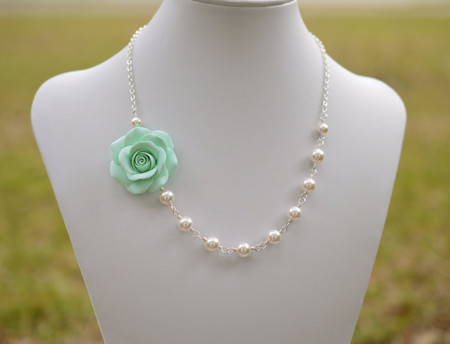 Alysson Asymmetrical Necklace in Light Mint Green Rose. FREE EARRINGS