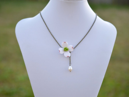 Helena Drop Necklace in White Dogwood with  Pearl 