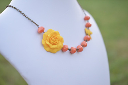 FREE EARRINGS Golden Yellow Rose and Coral  Necklace, Yellow and Coral bridesmaid necklace, Yellow and Coral Flower Necklace