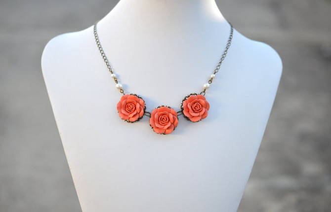 Trio Coral Rose Statement Necklace