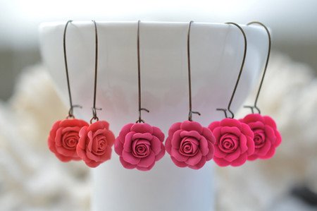 Simple Dangle Rose Earrings in Vibrant Pink 
