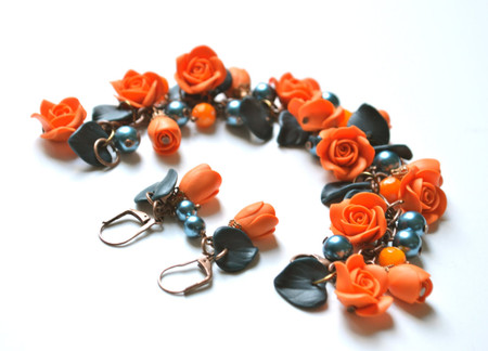 Lucinda Garden Bracelet and Earrings in Orange and Teal blue. Set of 2