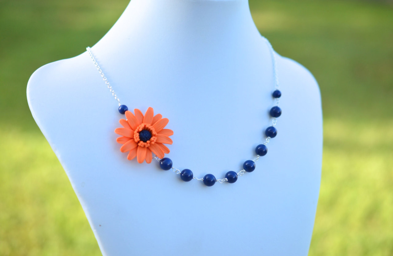 Brenda Asymmetrical Necklace in Orange Gerbera with Dark Blue Swarovski  Pearls. FREE EARRINGS