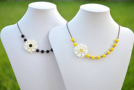 Reyna Asymmetrical Necklace in Gerbera Daisy with Black or Yellow Beads. FREE EARRINGS
