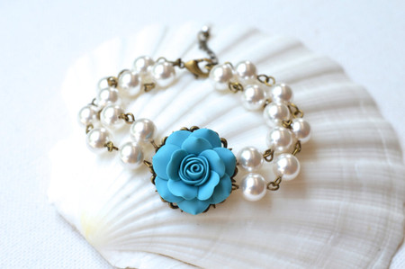 Turquoise Rose Double Strands Pearls Bracelet