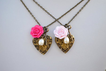 Pink Rose and Heart Locket Charm Necklace