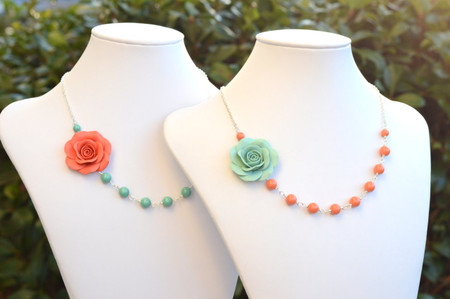Alysson Asymmetrical Necklace in Coral Or Dusty Mint Rose. FREE EARRINGS