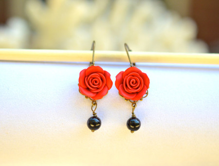 Tamara Statement Earrings in Succulent Red Rose and Black Beads