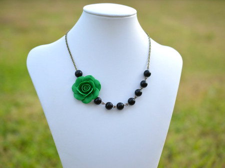 Olivia Asymmetrical Necklace in Emerald Green with Black Beads. FREE EARRINGS