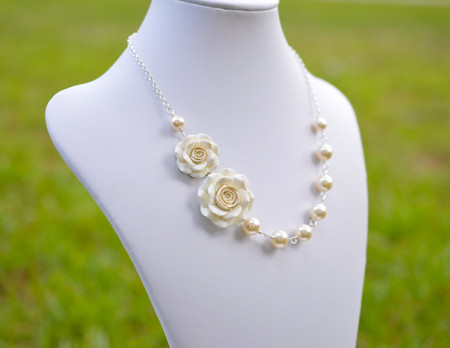 Celine Double Flowers Asymmetrical Necklace in Ivory Rose. FREE EARRINGS