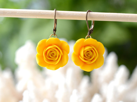 Golden Yellow Rose Simple Dangle Earrings