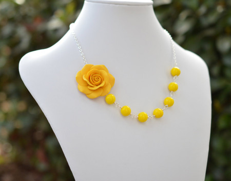 Brooklyn Asymmetrical Necklace in Golden Yellow Rose with Yellow Beads. FREE EARRINGS