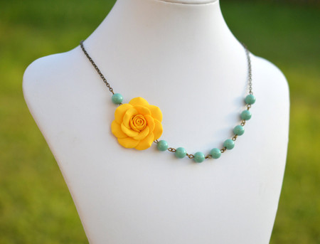 Jessica Asymmetrical Necklace in Golden Yellow Rose with Jade Green Pearls. FREE EARRINGS
