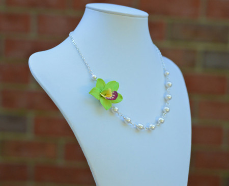 Brenda Asymmetrical Necklace in Green Cymbidium Orchid. FREE EARRINGS