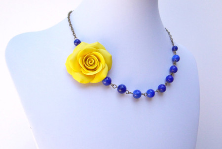 Leah Asymmetrical Necklace in Sunshine Yellow and Royal Blue Stones. FREE EARRINGS