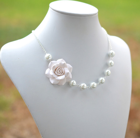 Jessica Asymmetrical Necklace in White Rose. FREE EARRINGS