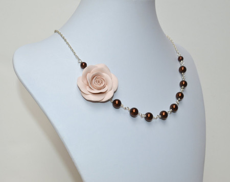 Alysson Asymmetrical Necklace in Ecru Rose with Chocolate Glass Pearls. Free Earrings