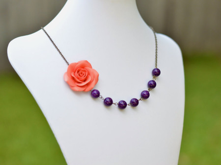 Olivia Asymmetrical necklace in Coral Orange Rose and Deep Purple Stones. Free Earrings.