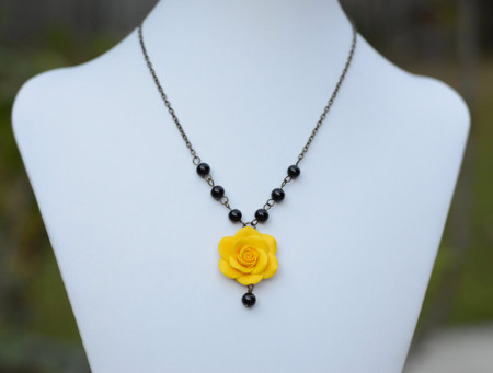 Hannah Centered Necklace in Golden Yellow Rose and Black Beads 