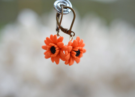 Orange Gerbera Daisy Simple Dangle Earrings.