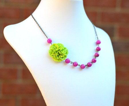 Leah Asymmetrical Necklace in Green Carnation with Fuchsia Jade. FREE EARRINGS