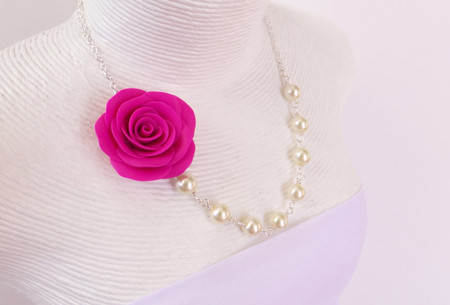 Jessica Asymmetrical Necklace in Hot Pink Rose. FREE EARRINGS