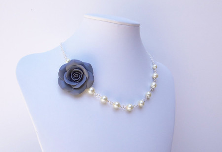 Alysson Asymmetrical Necklace in Grey Rose and Pearls. Free Earrings.