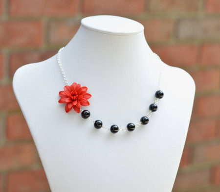 Brooklyn Asymmetrical Necklace in Red Dahlia and Black Beads. FREE EARRINGS