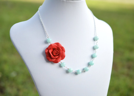 Leah Asymmetrical Necklace in Succulent Red with Aqua Blue Stones. FREE EARRINGS