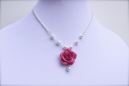 Hannah Centered Necklace in Pink Fruit Punch Rose and Pearls