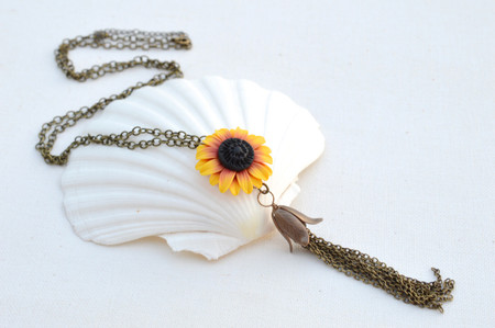 Long Tassel Necklace in Deep Red and Yellow Sunflower