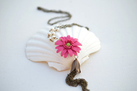 Long Tassel Necklace in Pink Fruit Punch Gerbera Daisy with Pearls