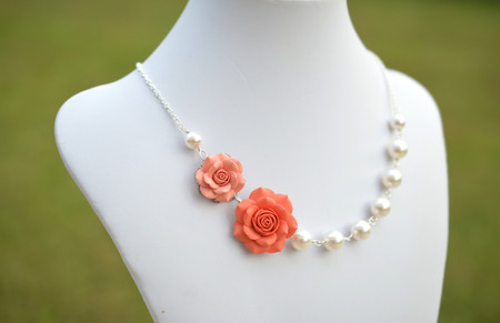 Celine Double Roses Asymmetrical Necklace in Light Coral and Coral Orange Rose. FREE EARRINGS