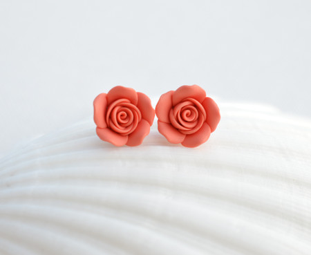 Coral Orange  Rose Stud Earrings