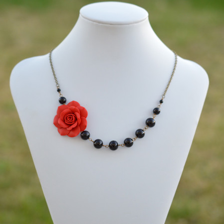 Jenna Asymmetrical Necklace in Succulent Red Rose with Black Beads. FREE EARRINGS