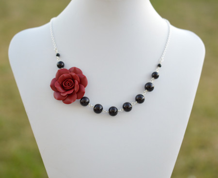 Jenna Asymmetrical Necklace in Garnet Red Rose with Black Beads. FREE EARRINGS