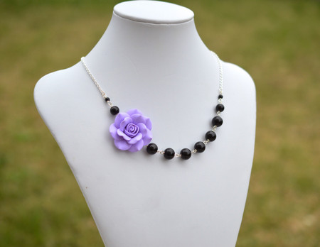 Jenna Asymmetrical Necklace in Lavender Purple Rose with Black Beads. FREE EARRINGS
