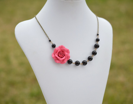 Jenna Asymmetrical Necklace in Paradise Pink Rose with Black Beads. FREE EARRINGS