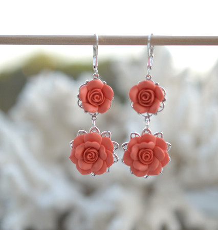 Mardy Double Roses Statement Earrings in Coral