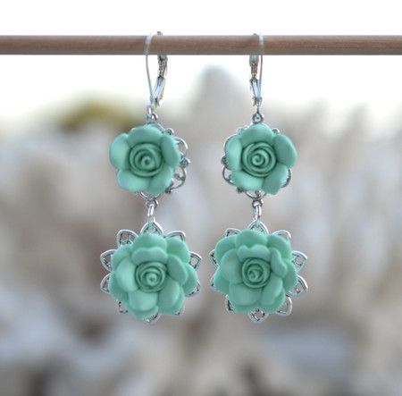Mardy Double Roses Statement Earrings in Mint Green.