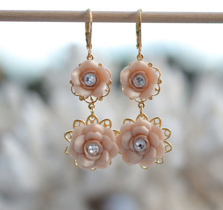 Bianca Double Roses Statement Earrings in Nude/Beige Rose with Crystals