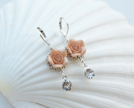 Tamara Rose Statement Earrings in Nude/Beige Rose with Crystals