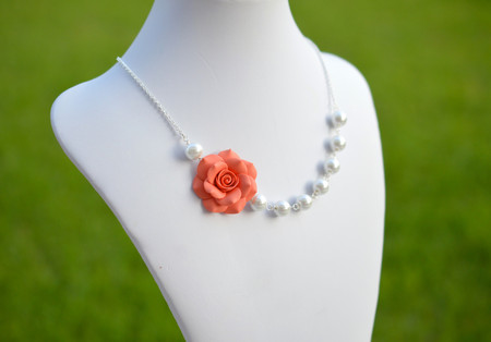 Elisa Asymmetrical Necklace in Coral Orange Rose. FREE EARRINGS