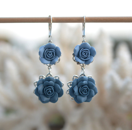 Mardy Double Roses Statement Earrings in Dusty Blue and Claudy Blue.