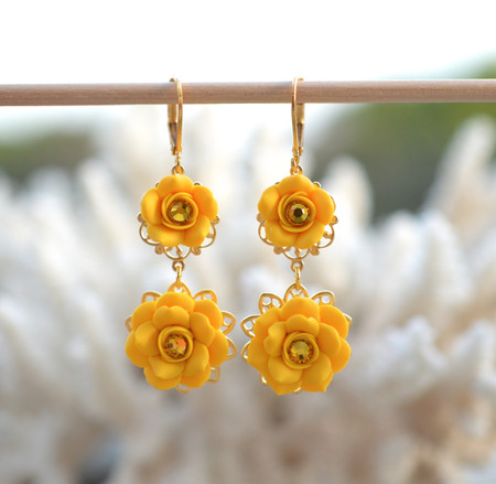 Bianca Double Roses Statement Earrings in Golden Yellow Rose with Yellow Crystals