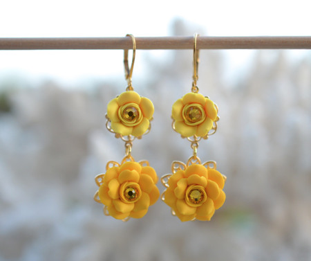 Bianca Double Roses Statement Earrings in Golden Yellow and Sunshine Yellow with Yellow Crystals.