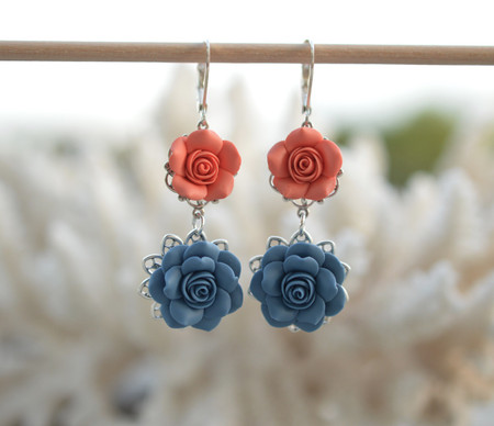 Mardy Double Roses Statement Earrings in Dusty Blue and Coral Orange